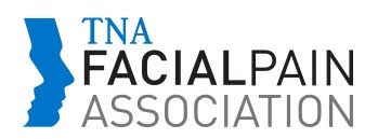 The image displays a logo with the text  TNA FACIAL PAIN ASSOCIATION  against a grey background, featuring a stylized graphic element resembling an abstract face on the left side.