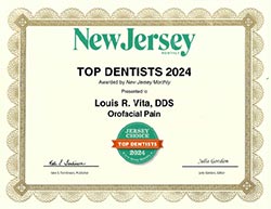 The image shows a certificate from the New Jersey Top Dentists 2021 list, recognizing Louis R. Viti, DDS for his work in oral pain management.